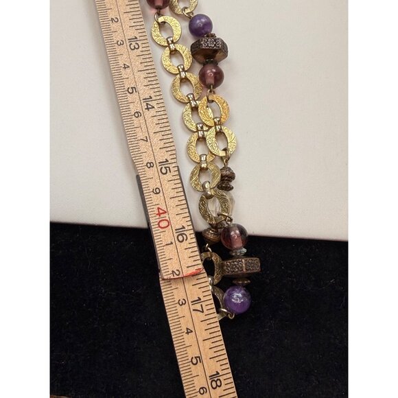 Vintage-Inspired Long Gold Chain Necklace With Purple & Burgundy Beads Textured - Picture 5 of 8